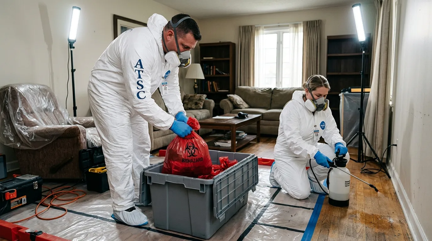 Professional Biohazard Cleanup technician in full PPE working in Queen Creek